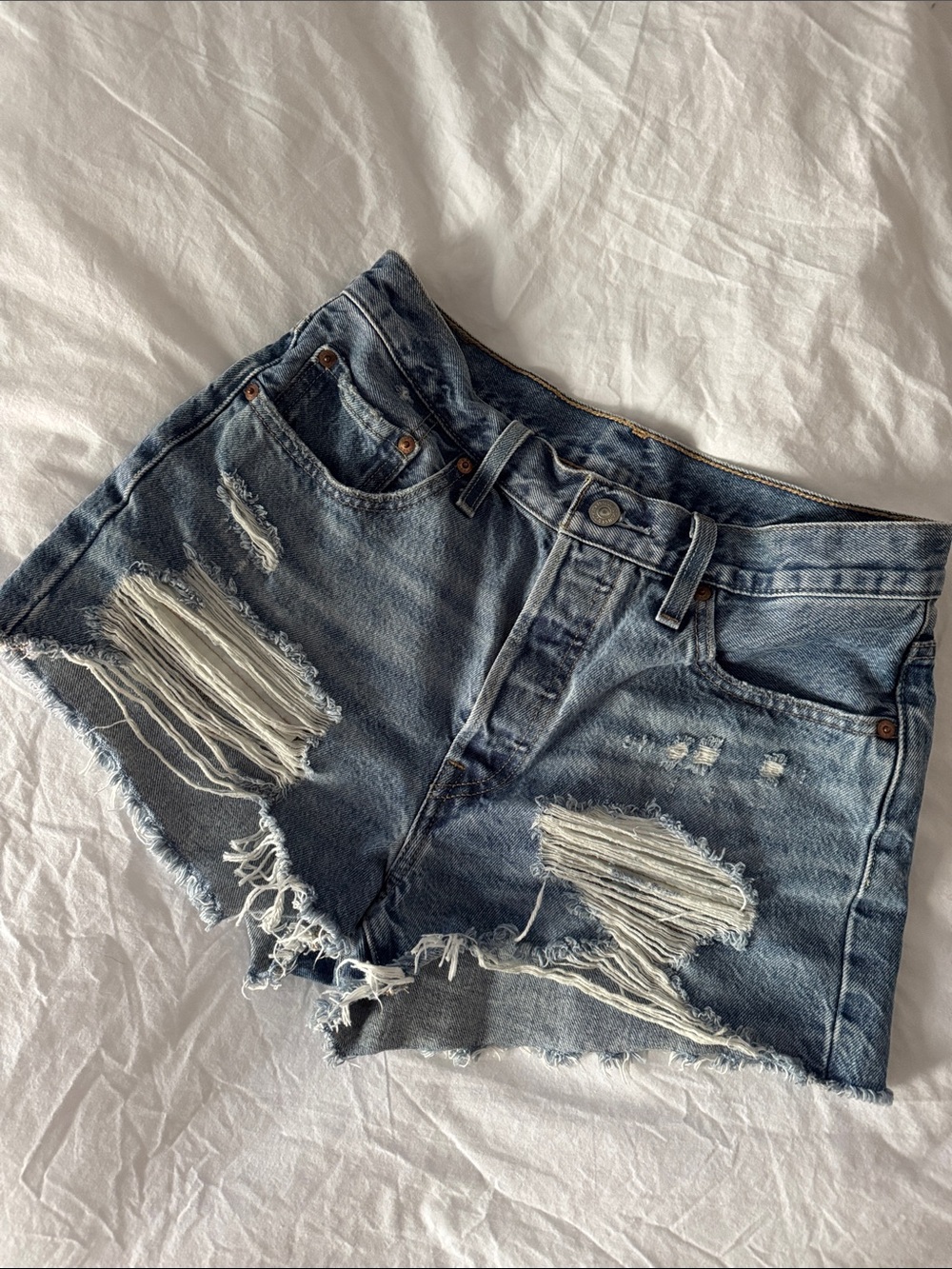 Levi's 501 Ripped Blue Denim Cutoff Shorts - 29